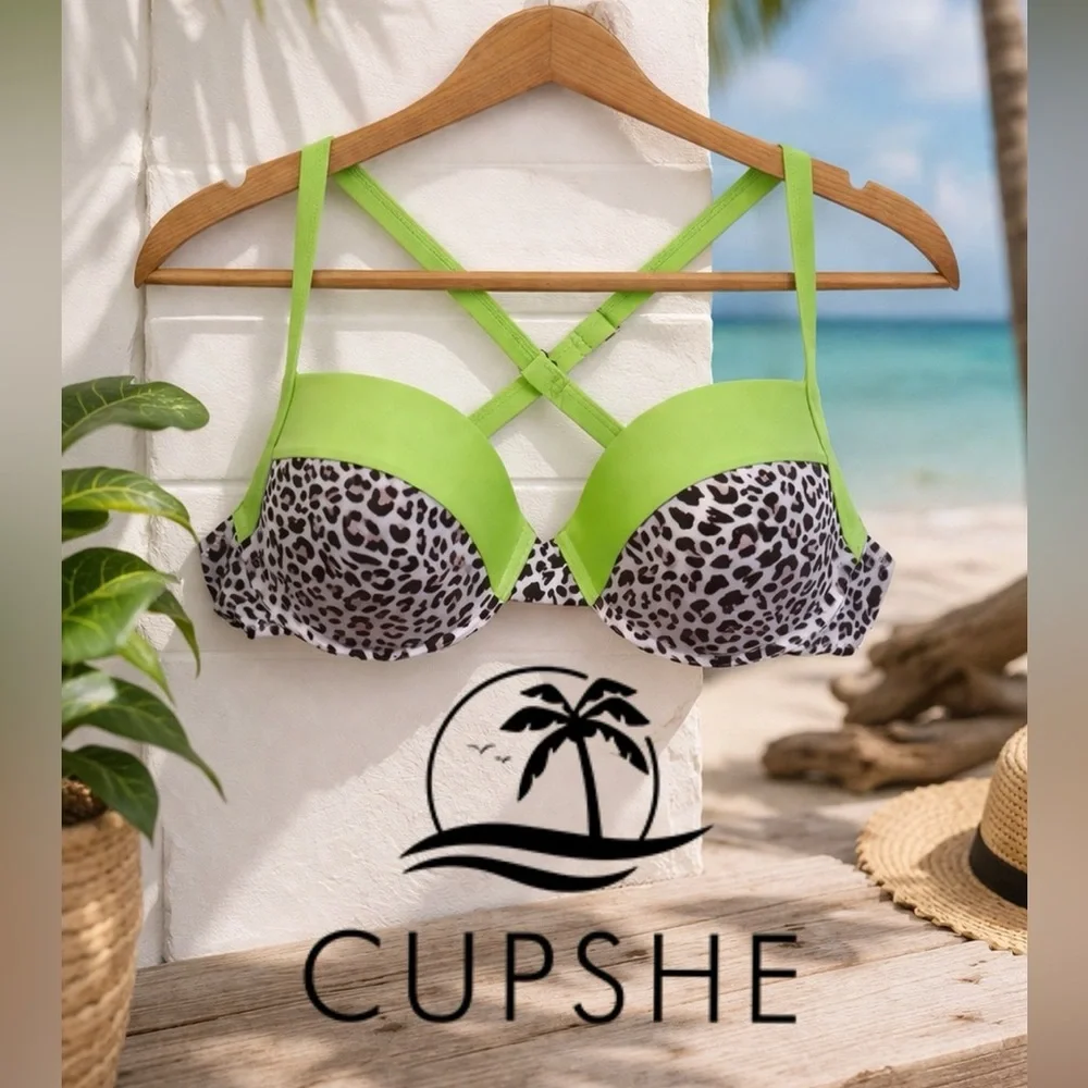 👙🔥💚 CUPSHE Leopard Bikini Top 36C Lime Green Underwire Push Up Swim Top
